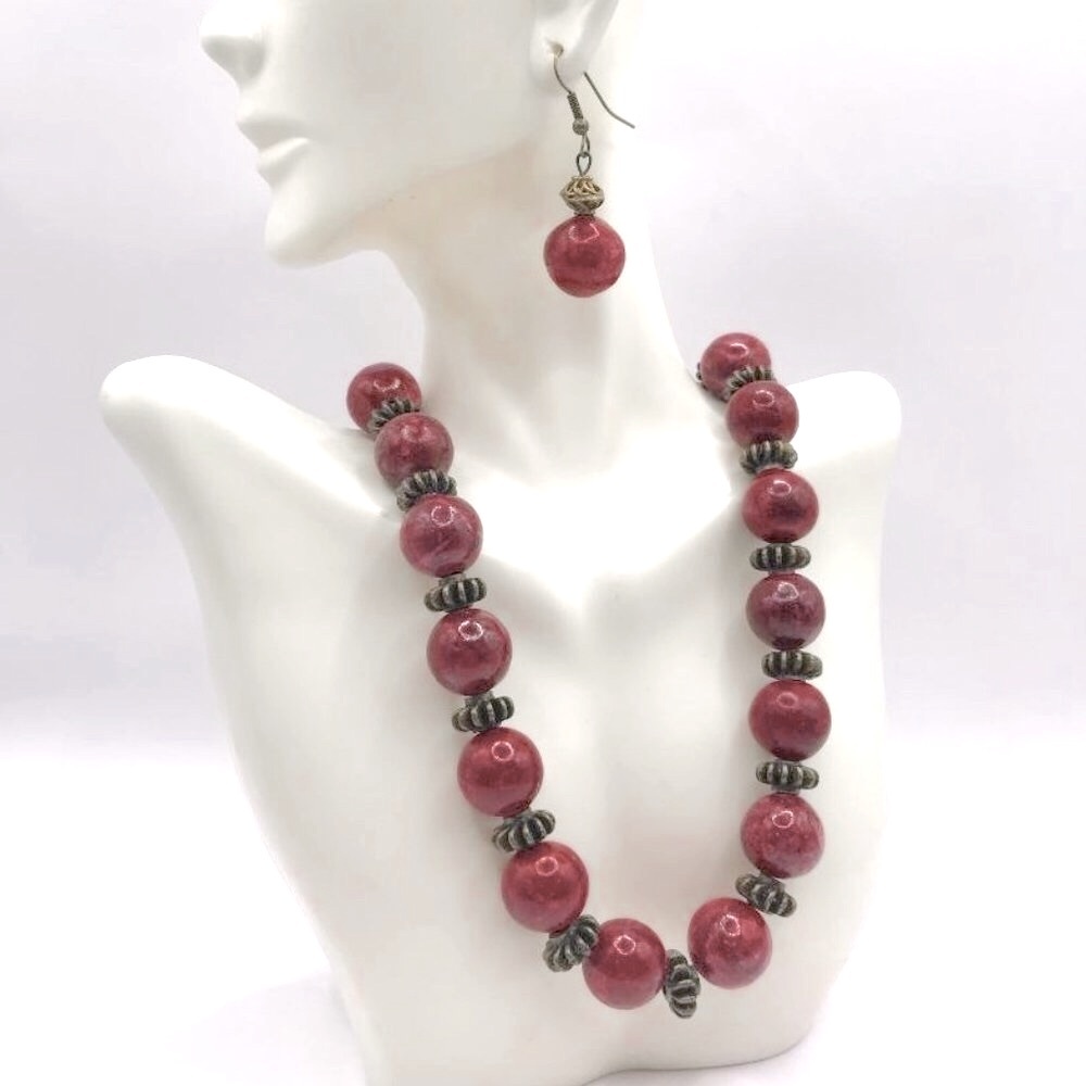 Antique Gold-Tone & Red Stone Bead Necklace & Earrings Set